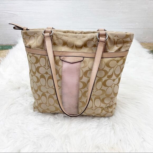 Coach Signature Logo Canvas Stripe Tote Bag - Picture 1 of 11